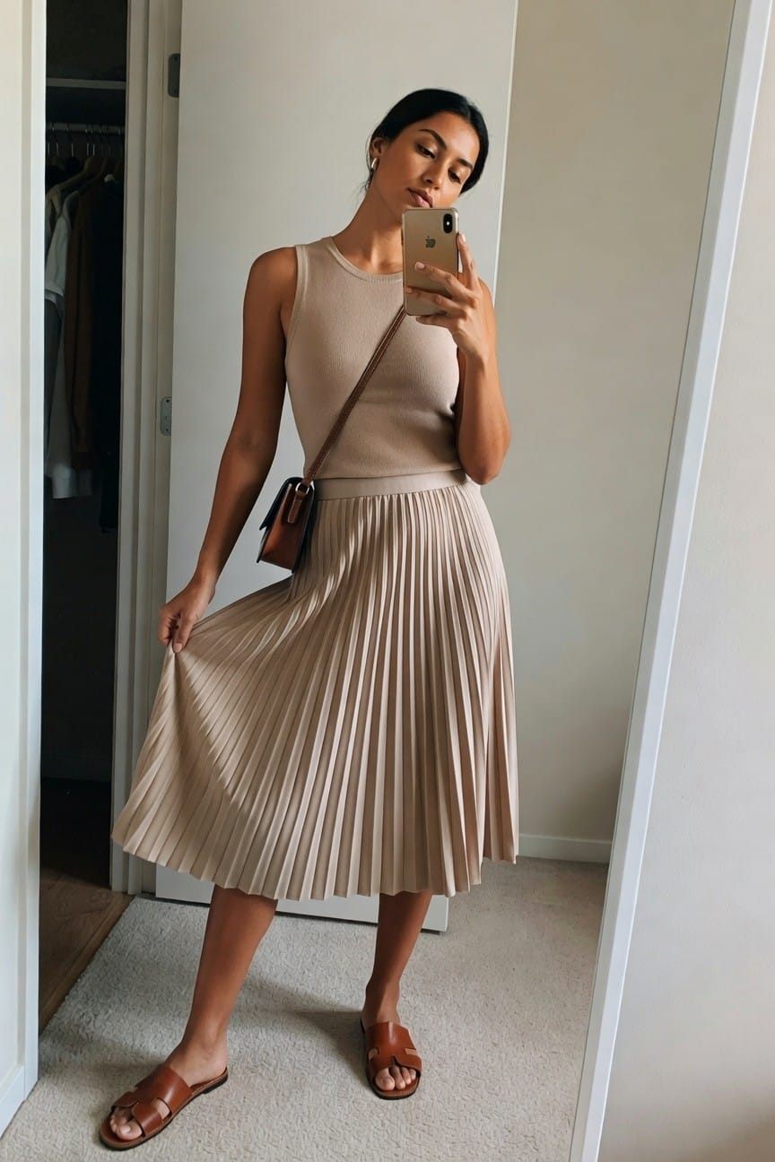 Woman in sleeveless gray knit top tucked into navy pleated midi skirt paired with brown leather slide sandals and a small black shoulder bag while taking a mirror selfie.