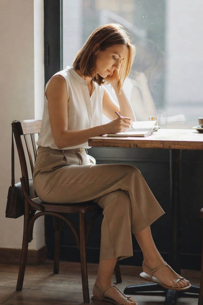 Woman in white top and beige pants writing in notebook at wooden table.