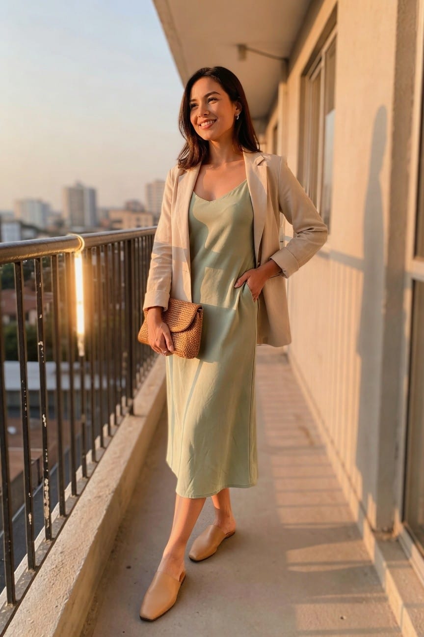 Woman in beige blazer and light green slip dress on balcony.