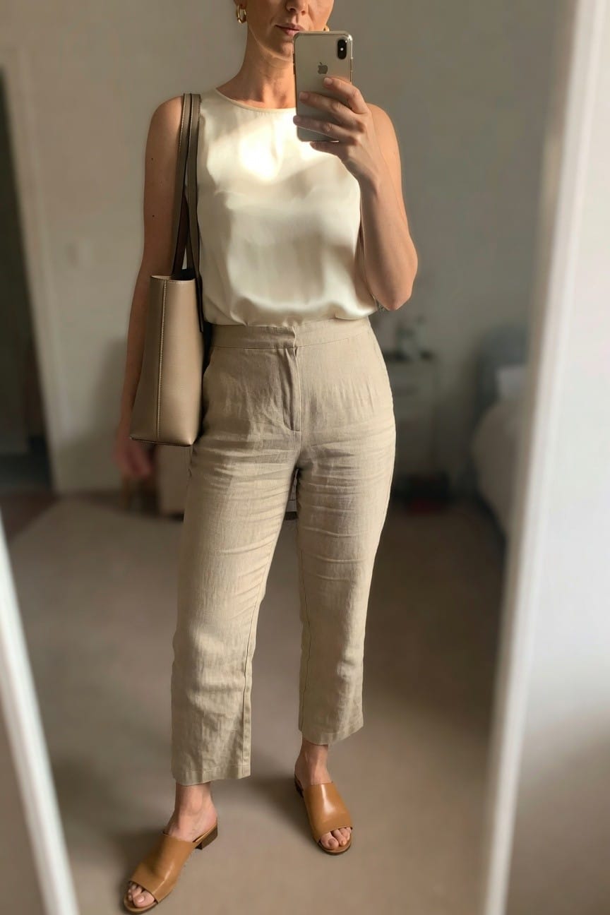 Woman in beige linen pants and cream satin top taking a mirror selfie.