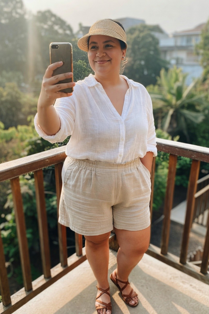Woman in white shirt and beige shorts taking a selfie on balcony.