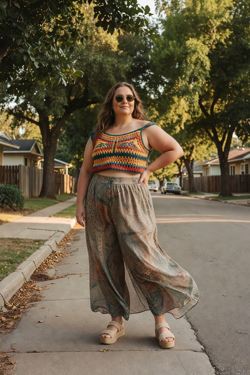 Woman in colorful crochet top and patterned wide-leg pants standing on sidewalk.