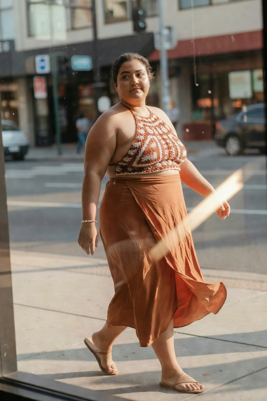 Plus size woman in a rust patterned halter crop top paired with a matching wrap midi skirt and strappy flat sandals, accessorized with a beaded bracelet.