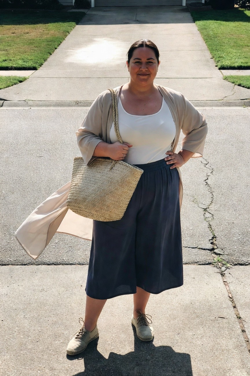 Woman in beige cardigan and navy shorts holding woven tote bag on driveway.