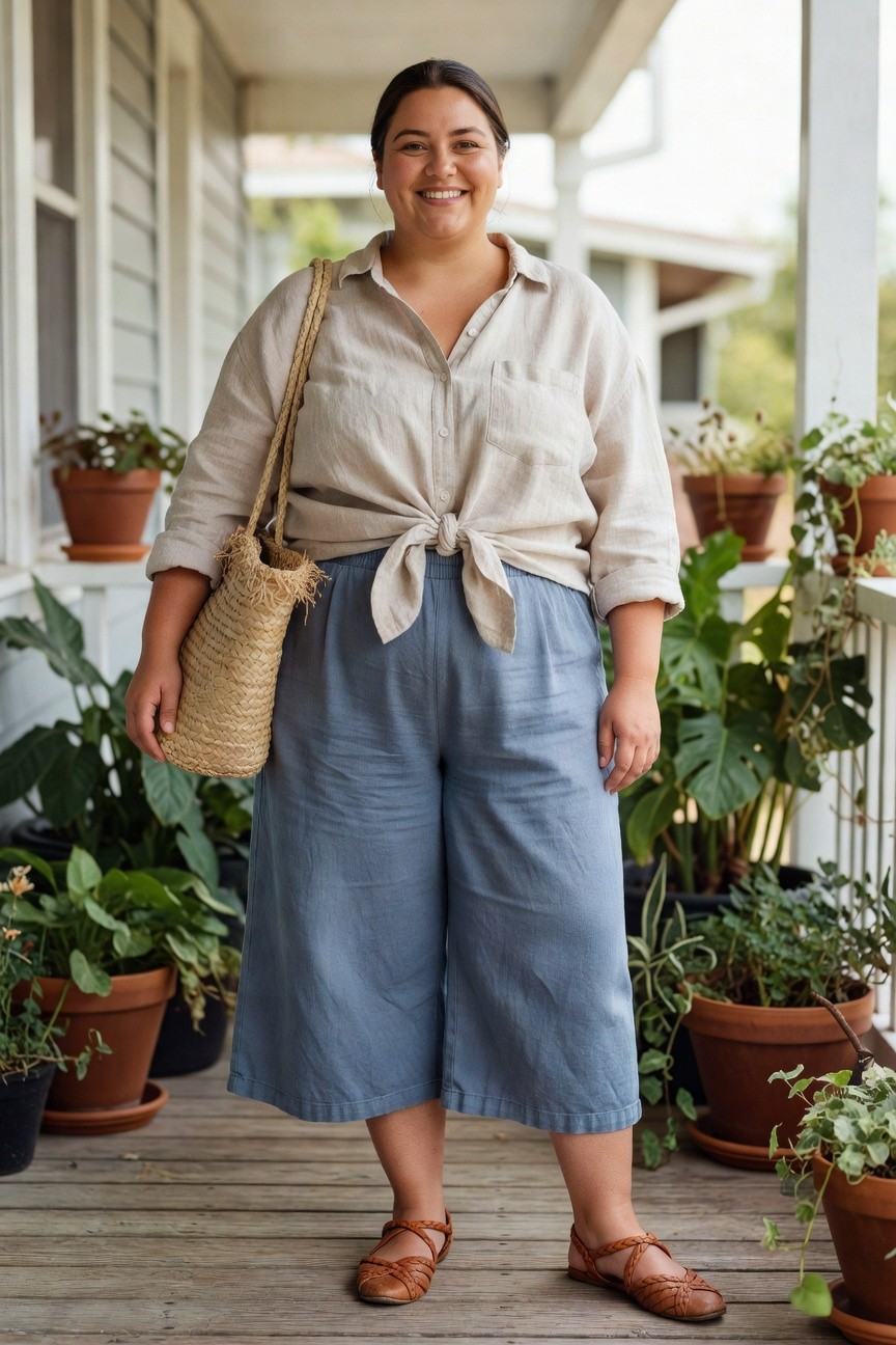 Smiling woman in beige tied shirt and blue culottes holding woven bag on porch.