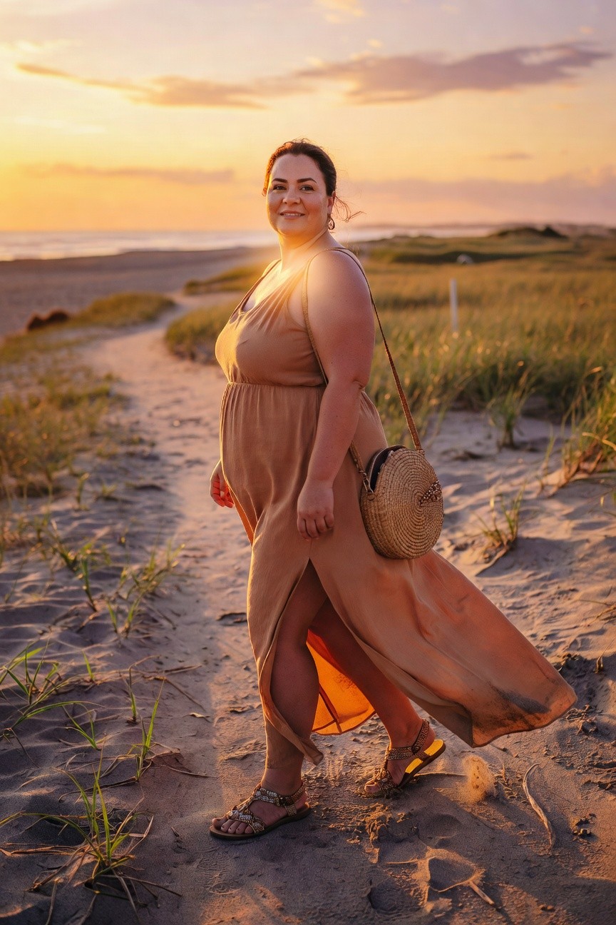 Woman in flowing beige dress walks on beach at sunset.