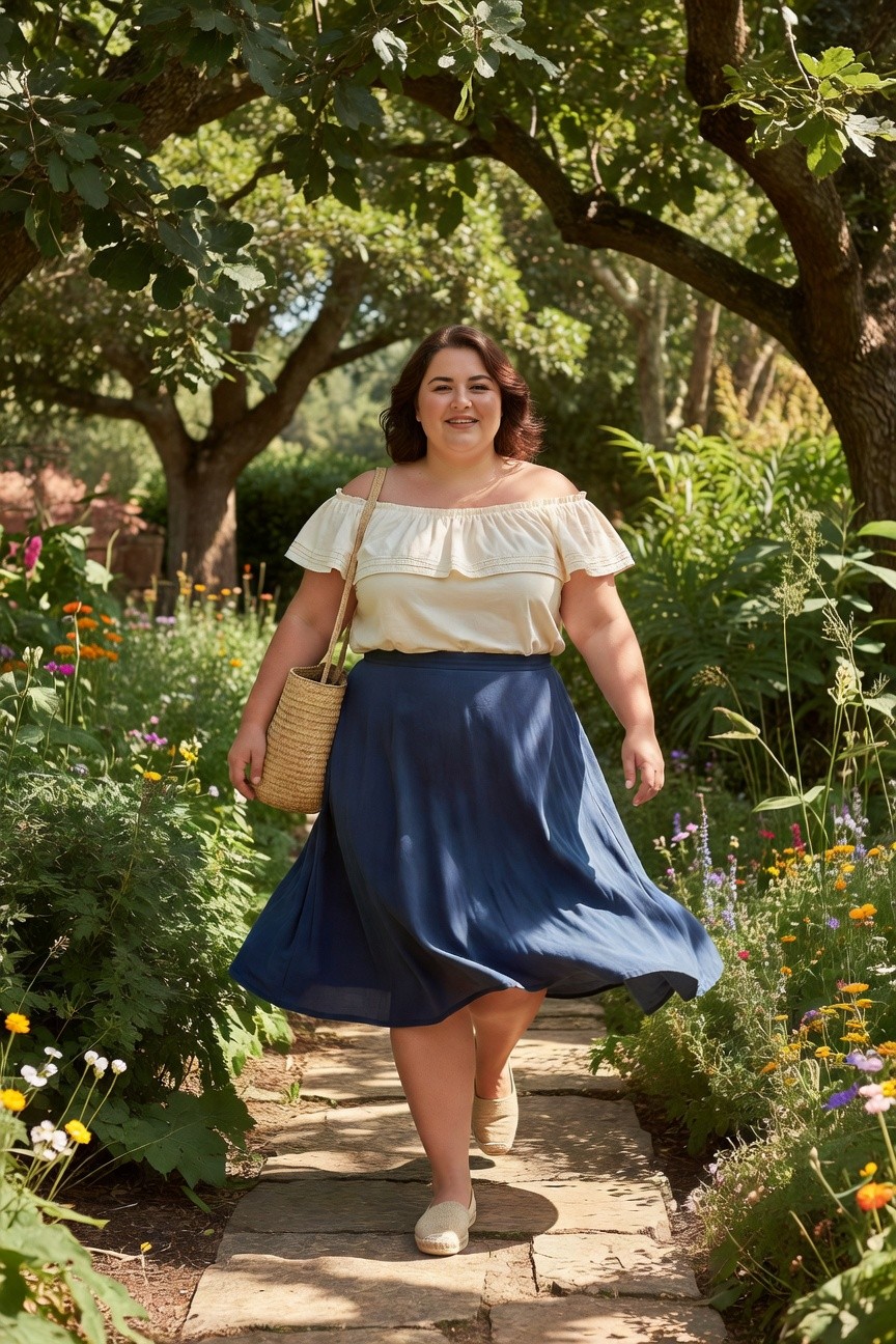 Plus size woman in a cream off shoulder ruffle top and flowing navy blue midi skirt carrying a woven straw bag while walking on a garden path in espadrille shoes.
