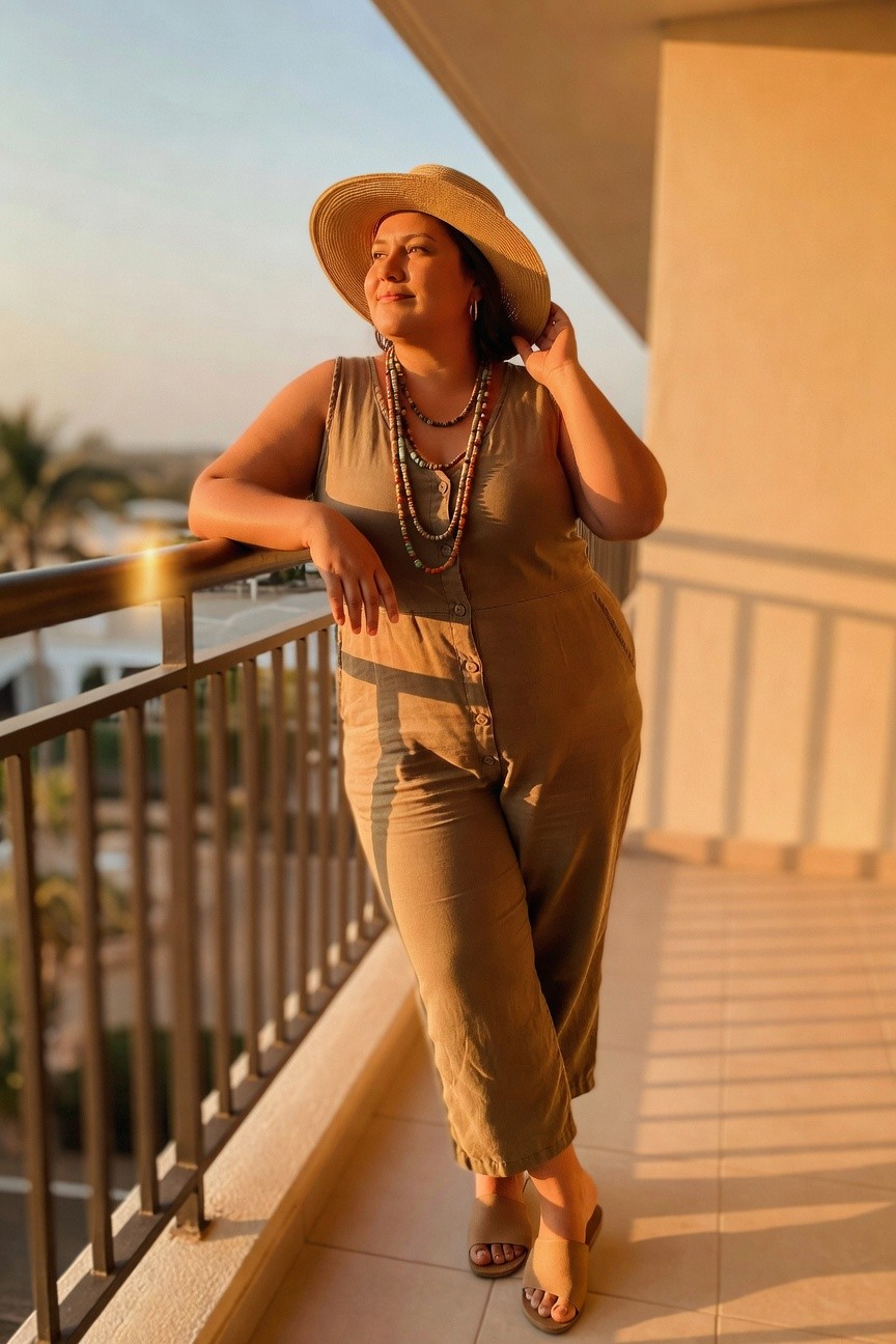 Woman in olive jumpsuit and hat leans on sunny balcony railing.