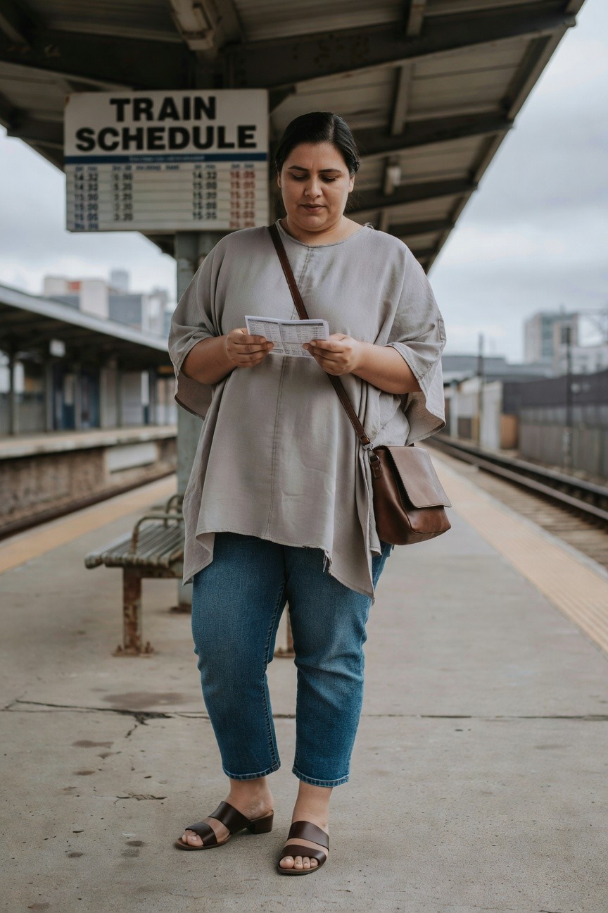 Woman in a loose light gray flowy top tucked slightly over cropped blue jeans with brown leather slides and a matching crossbody bag standing on a train platform while holding a schedule.