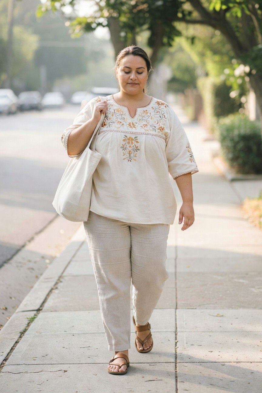 Woman in embroidered beige top and pants carries tote bag on sidewalk.