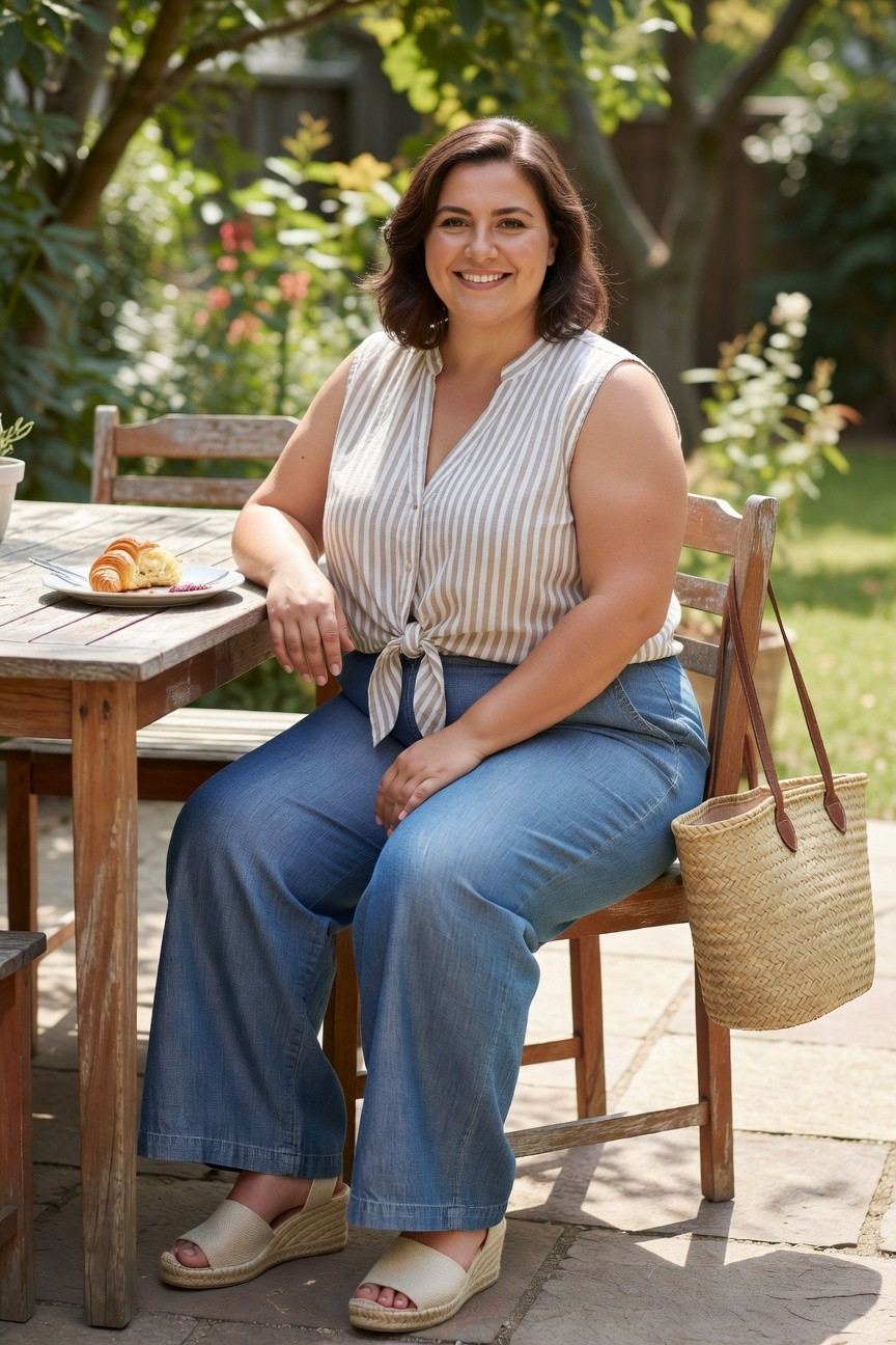 Smiling woman in striped top and jeans sits outdoors by wooden table.