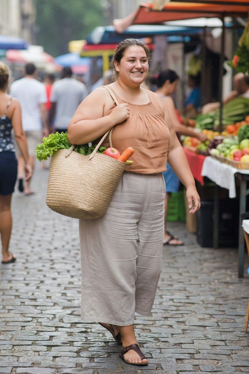 Smiling woman in brown top carries woven bag of produce at market.