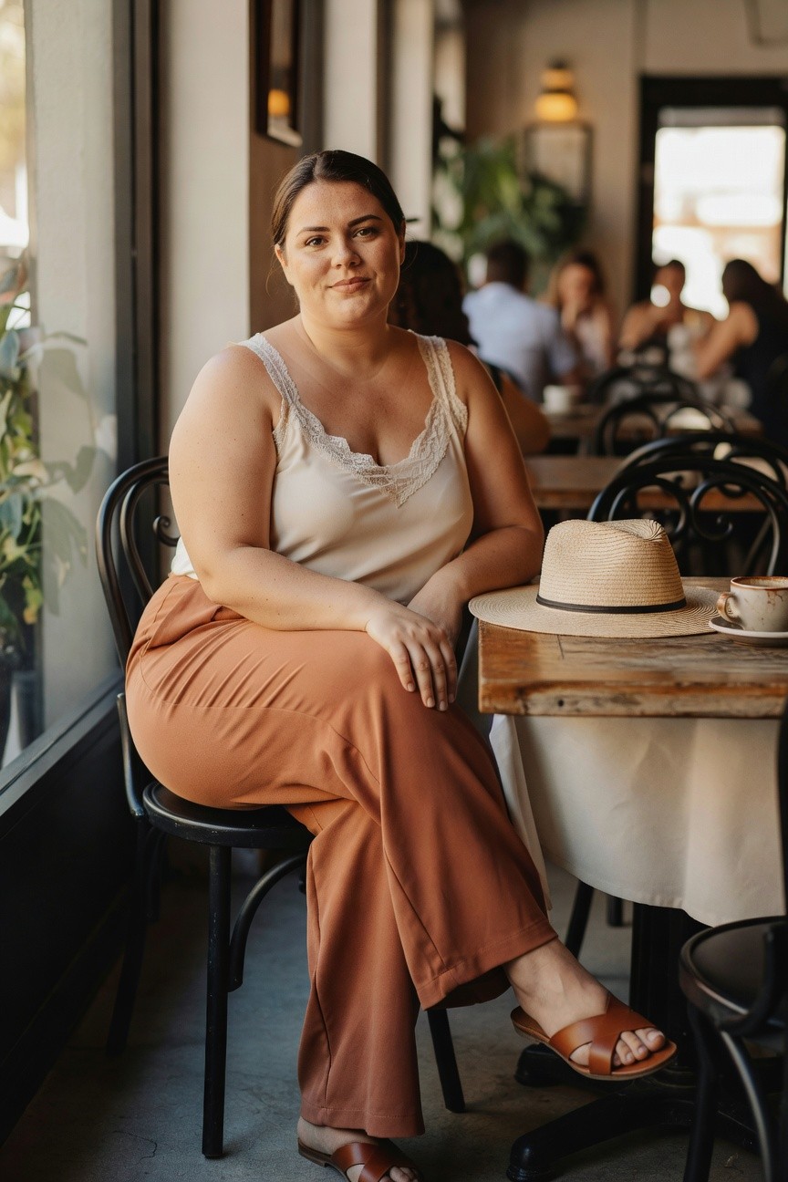 Woman in beige top and rust pants seated at cafe table with straw hat.