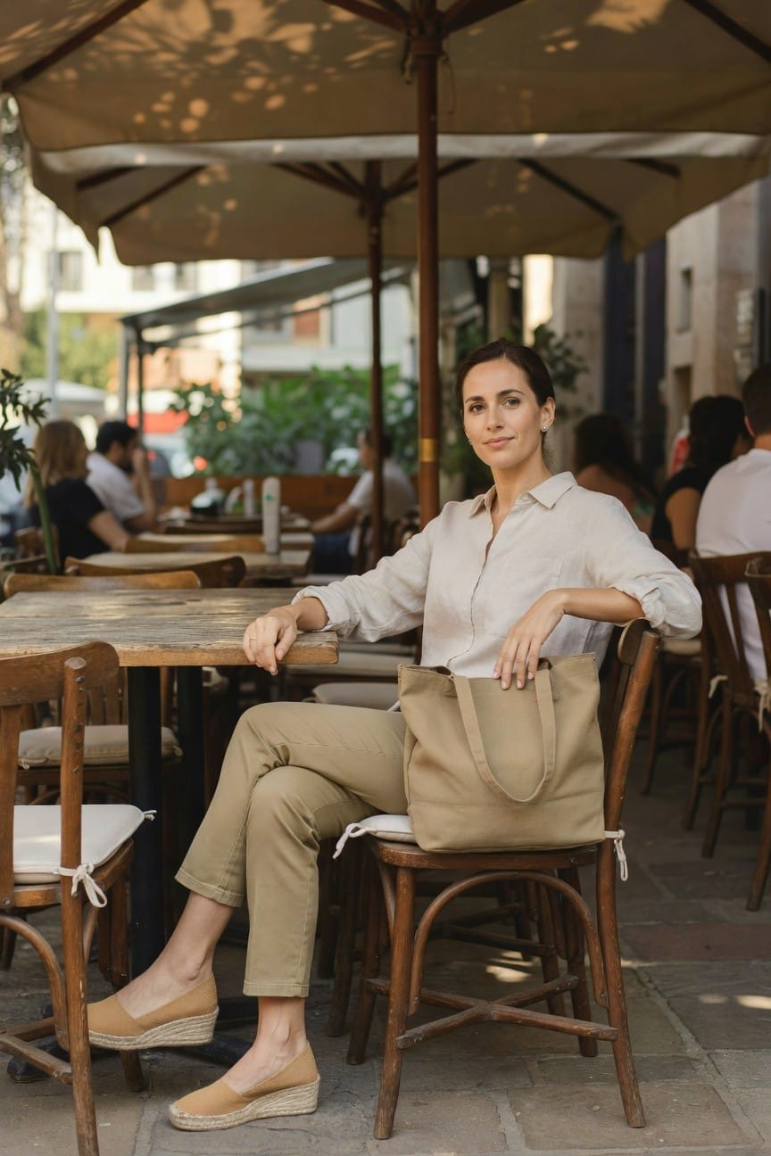 Woman in beige outfit with tote bag at outdoor cafe table.