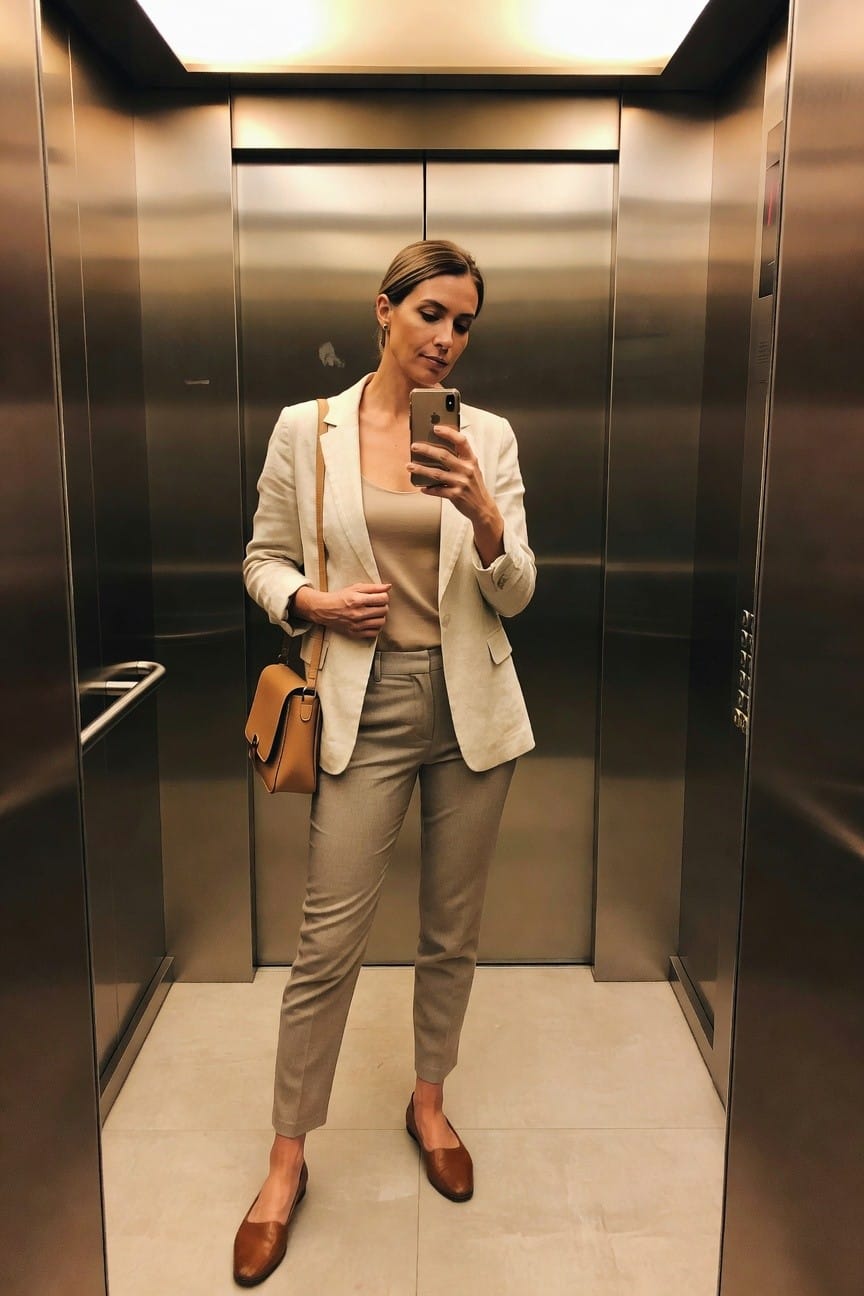 Woman in beige blazer and pants takes mirror selfie in elevator.