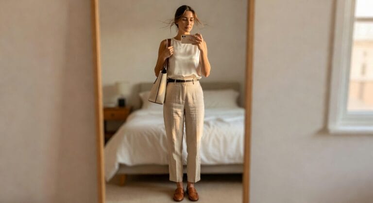 21 Smart Business Casual Summer Work Outfits That Always Look Professional A woman stands in front of a mirror, wearing a sleeveless white top and light beige linen trousers, paired with brown shoes and holding a tote bag.
