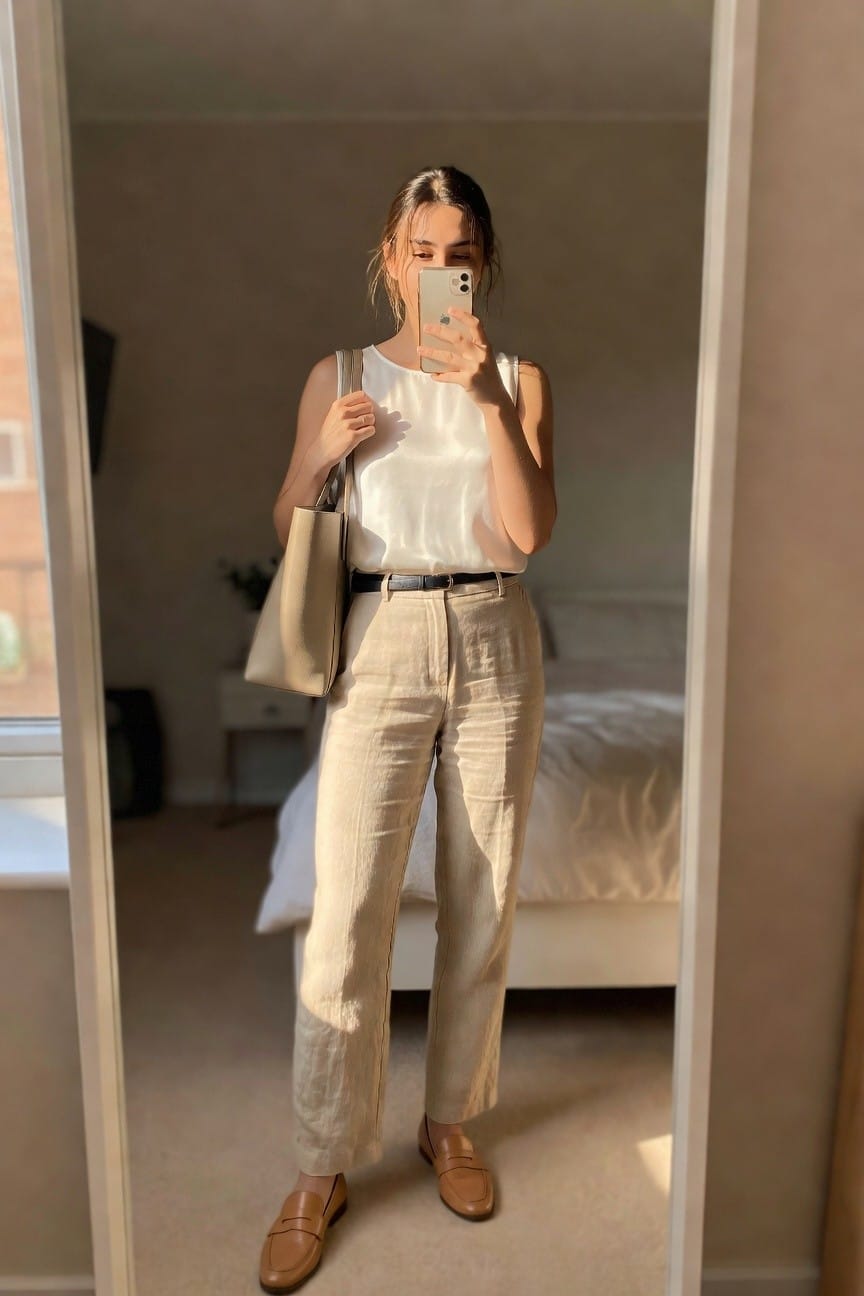 Woman in white tank top and beige linen pants taking a mirror selfie.