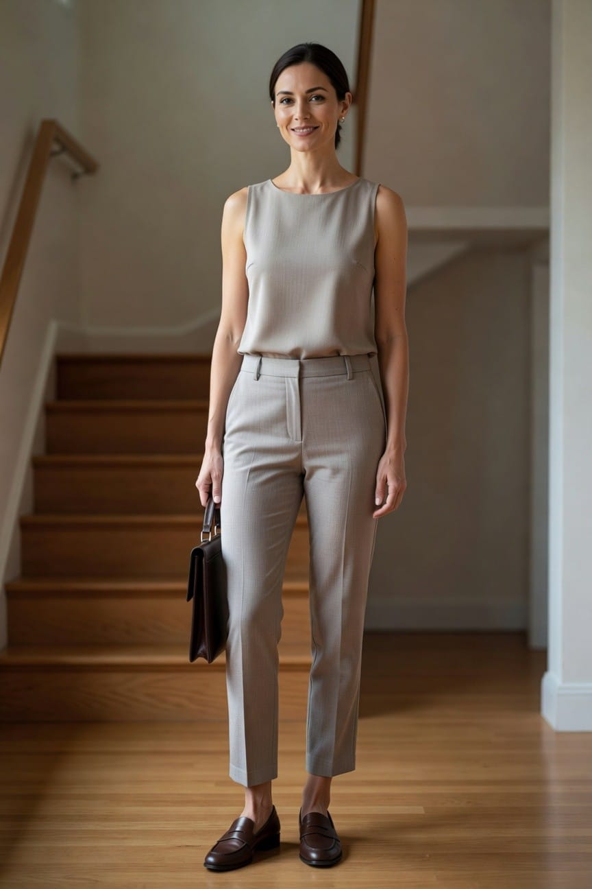 Woman in beige sleeveless top and trousers holding a brown handbag.
