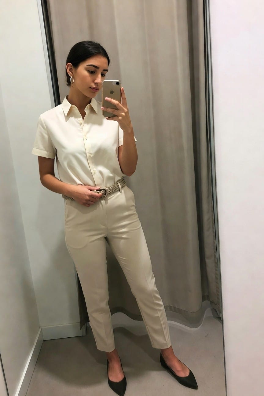 Woman in cream outfit taking mirror selfie with iPhone.