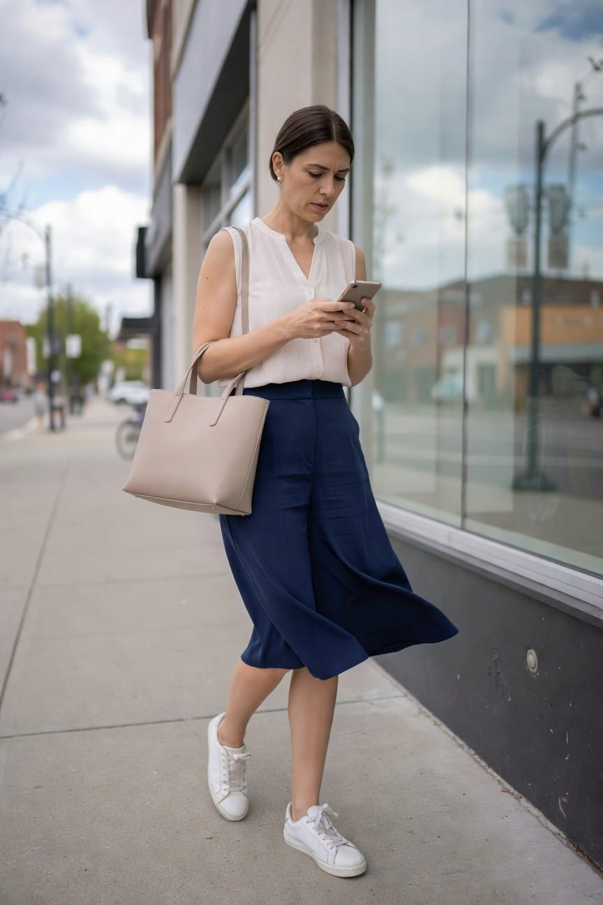 Woman in white top and navy skirt checks phone on city sidewalk.