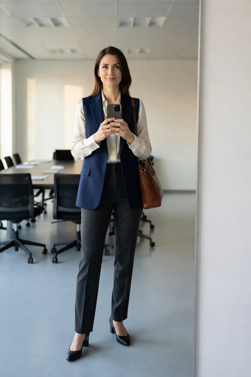Businesswoman in navy vest and gray pants holding smartphone in office.
