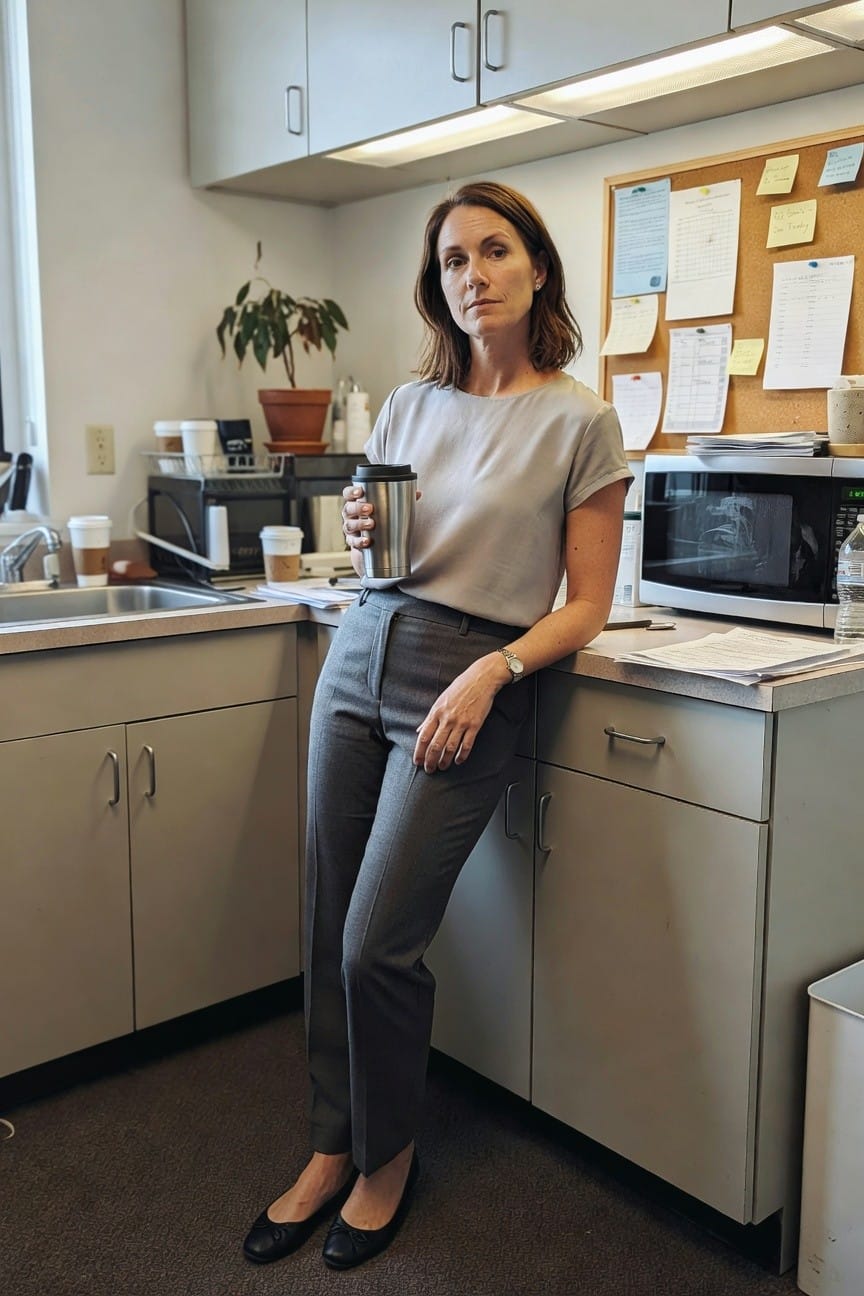 Woman in gray top and trousers holding coffee in office kitchen.