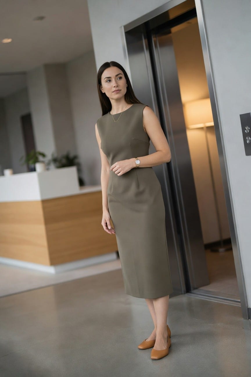 Woman in olive dress and tan flats near open elevator.
