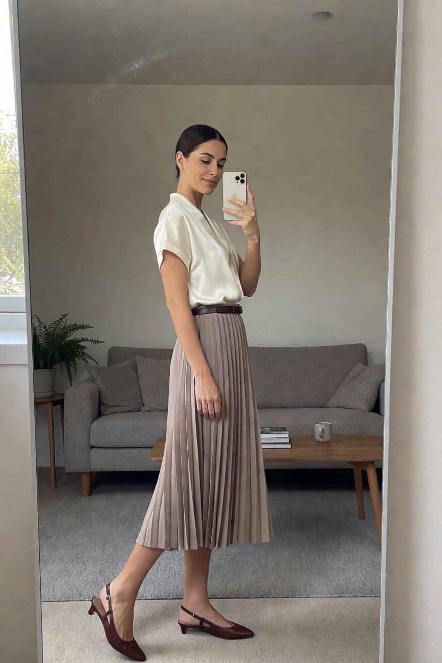 Woman in beige pleated skirt and cream blouse taking a mirror selfie.