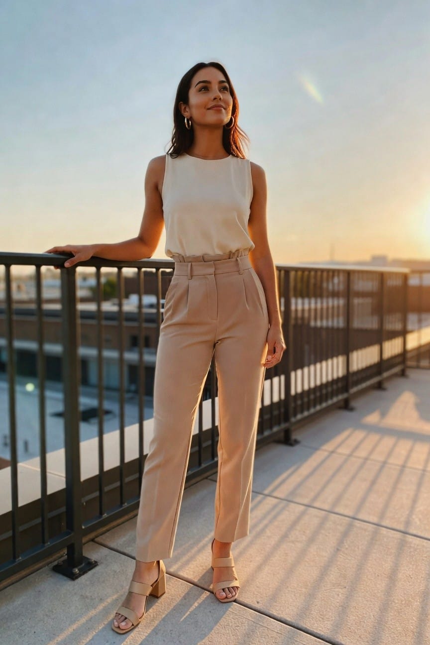 Woman in beige pants and cream top on a rooftop at sunset.