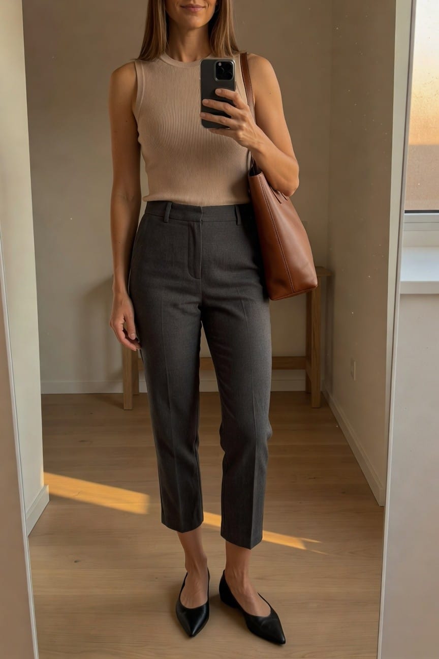 Woman in beige sleeveless top and gray cropped trousers holding phone.