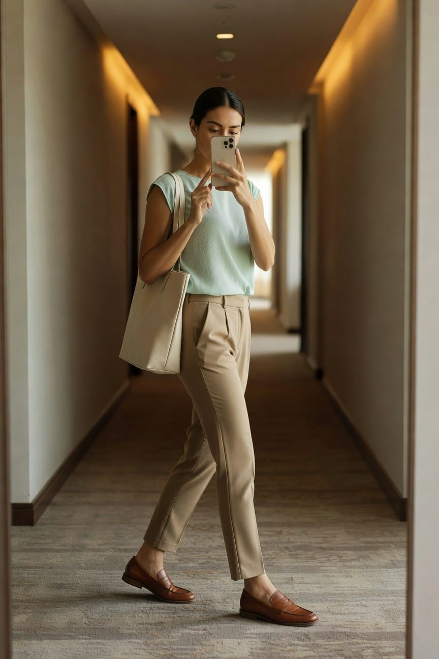 Woman wearing a sleeveless mint green knit top with beige tailored trousers, brown leather loafers, and a beige tote bag while holding a smartphone in a hallway.