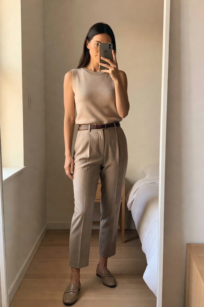Woman in beige sweater and trousers taking a mirror selfie.