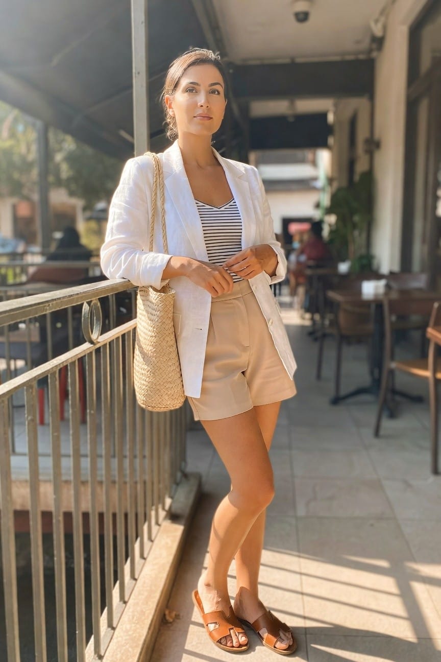 Woman wearing a white linen blazer over a black and white striped tank top with beige shorts, carrying a woven straw bag and brown leather sandals.