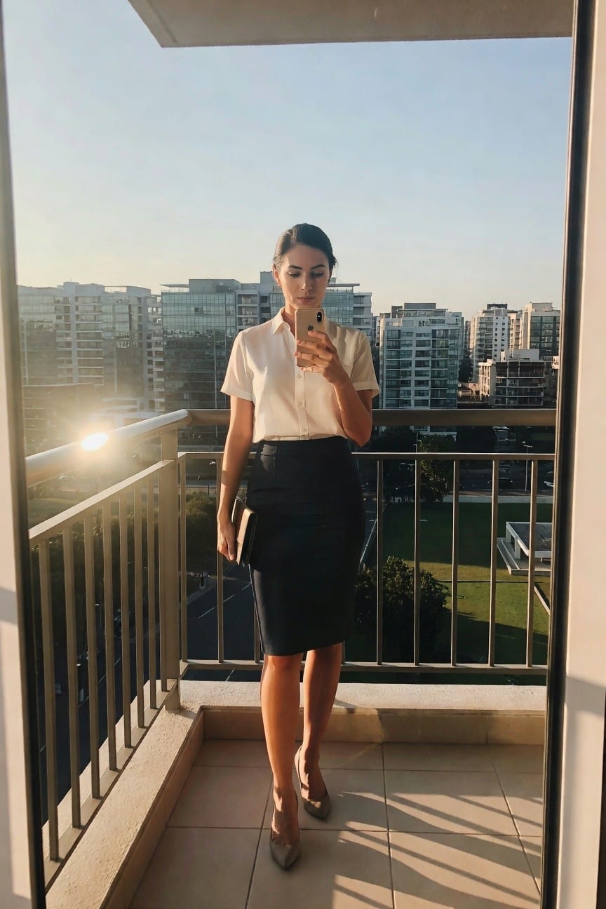 Woman in cream shirt and black skirt taking a balcony selfie.