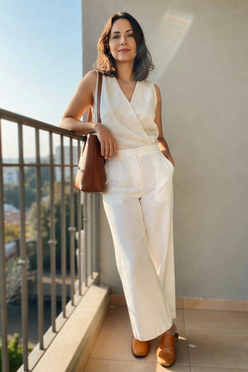 Woman in white sleeveless top and wide-leg pants with brown bag and shoes.