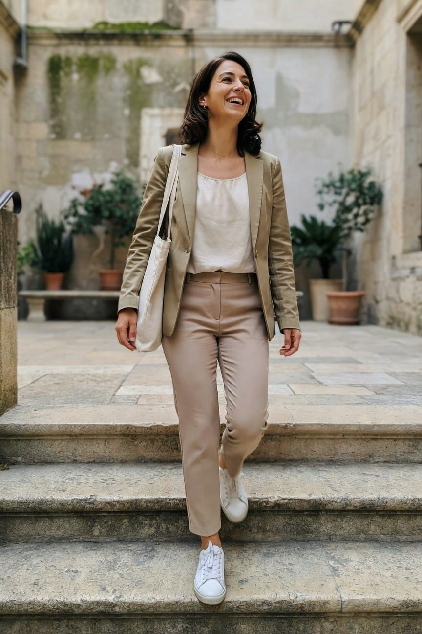 Smiling woman in beige blazer and trousers descends stone steps.