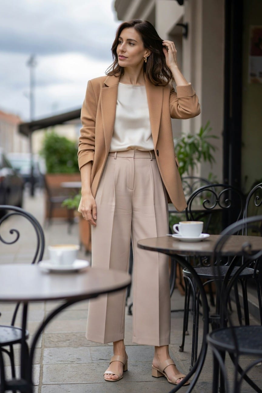 Woman in tan blazer and beige trousers standing at outdoor cafe.