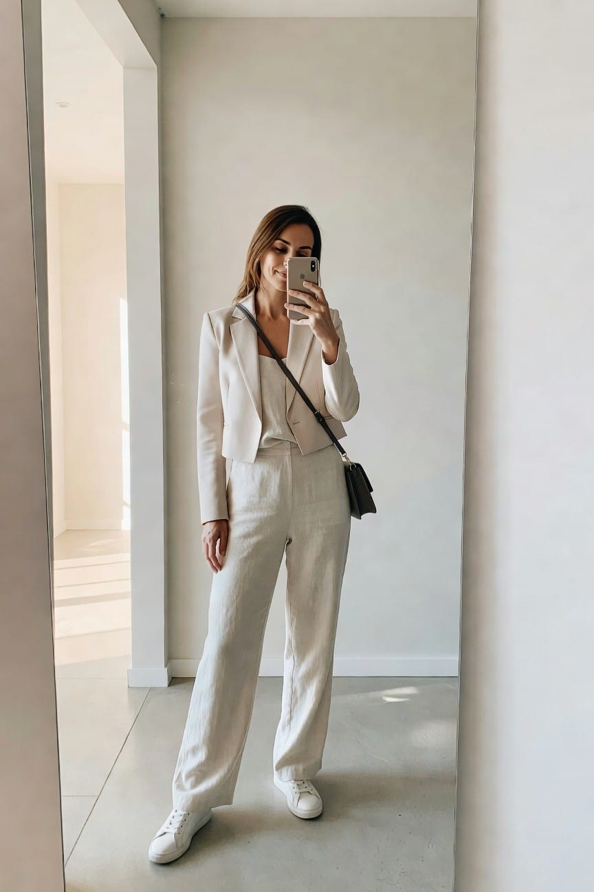 Woman in cream suit taking mirror selfie with phone.