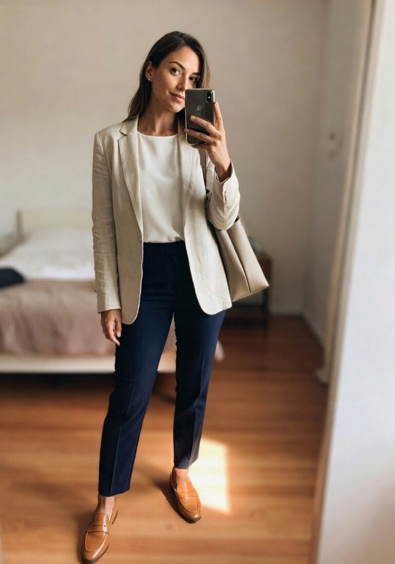 20 Sophisticated Summer Blazer Work Outfits for Lightweight Layering A woman stands in front of a mirror, wearing a light beige blazer over a white top, paired with navy trousers and brown loafers, in a softly lit room.