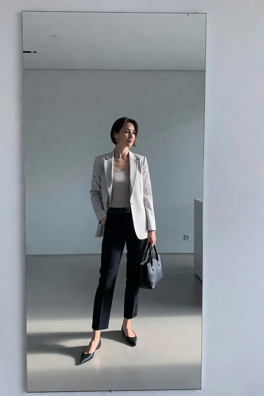 Woman in a light gray blazer over a beige tank top with black trousers, black belt, pointed black flats, and a black handbag, standing in front of a mirror.