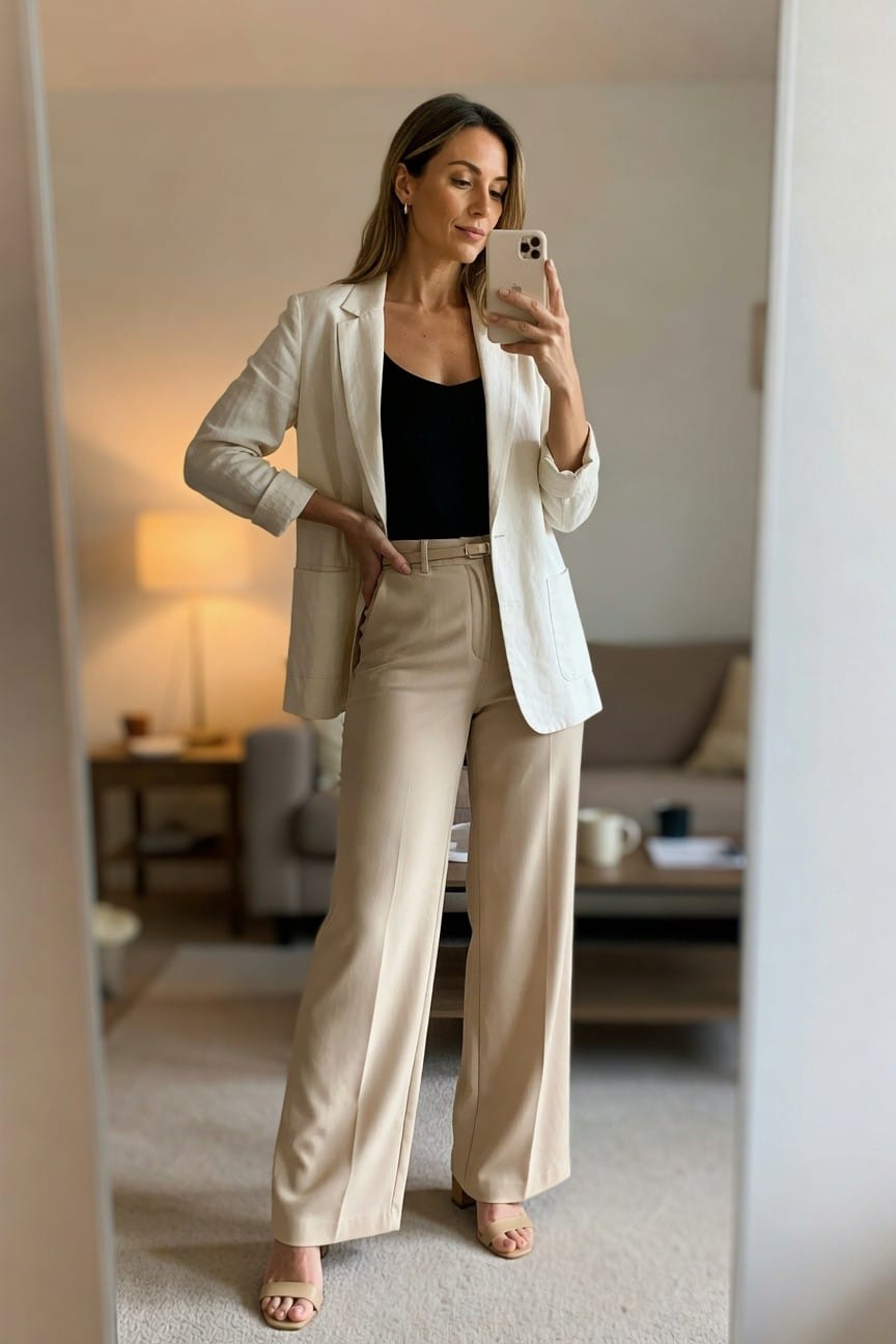 Woman in cream blazer and beige trousers taking a mirror selfie.