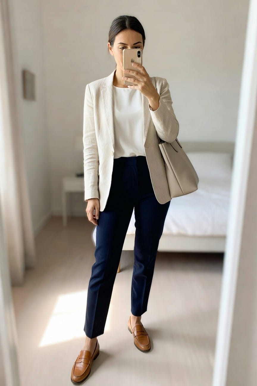 Woman in cream blazer and navy pants taking a mirror selfie with a beige tote.