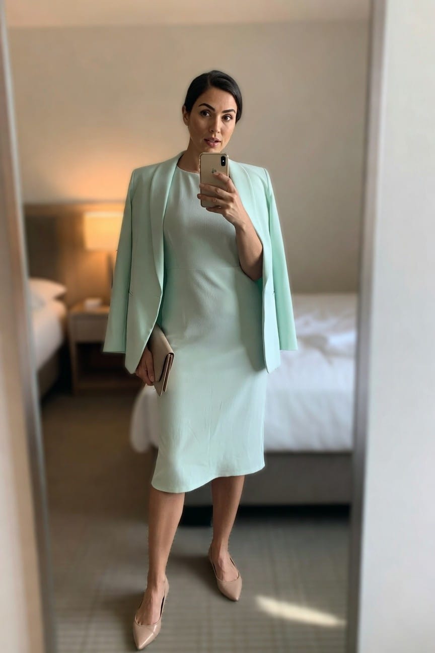 Woman in mint green blazer and dress taking a mirror selfie.