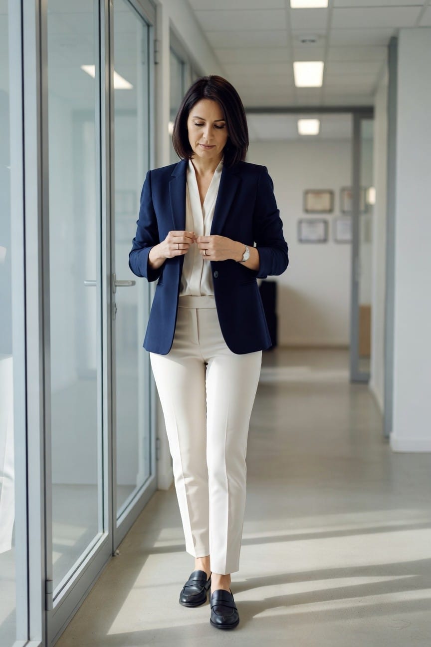 Woman wearing a navy blue blazer over a white blouse and cream trousers with black loafers in an office hallway setting