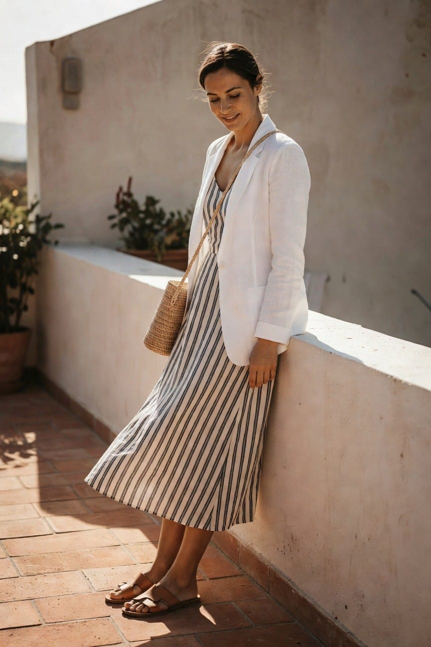 Woman in white blazer and striped dress leaning on a sunlit wall.