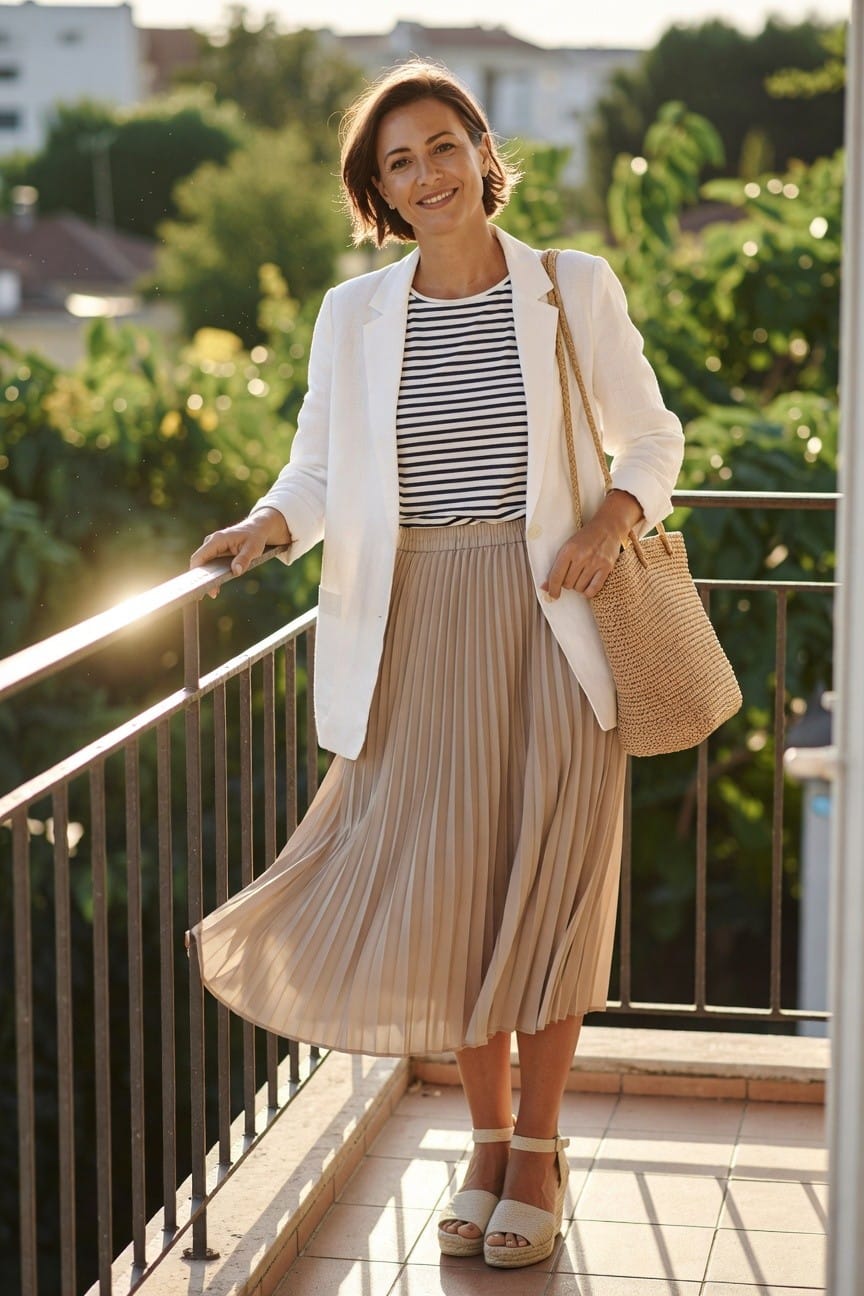 Smiling woman in white blazer and pleated beige skirt on balcony.