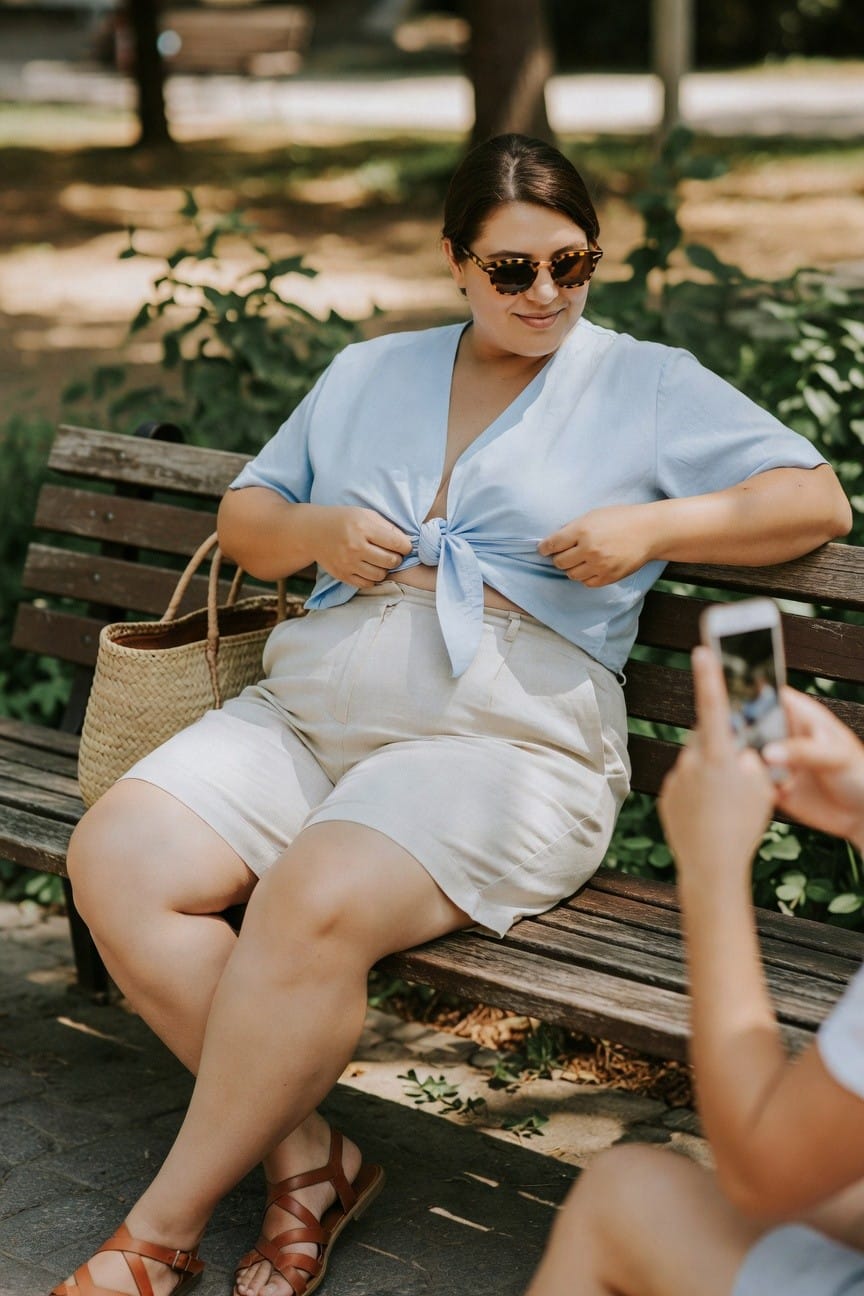 Woman in blue tied top and white shorts poses on park bench for phone photo.