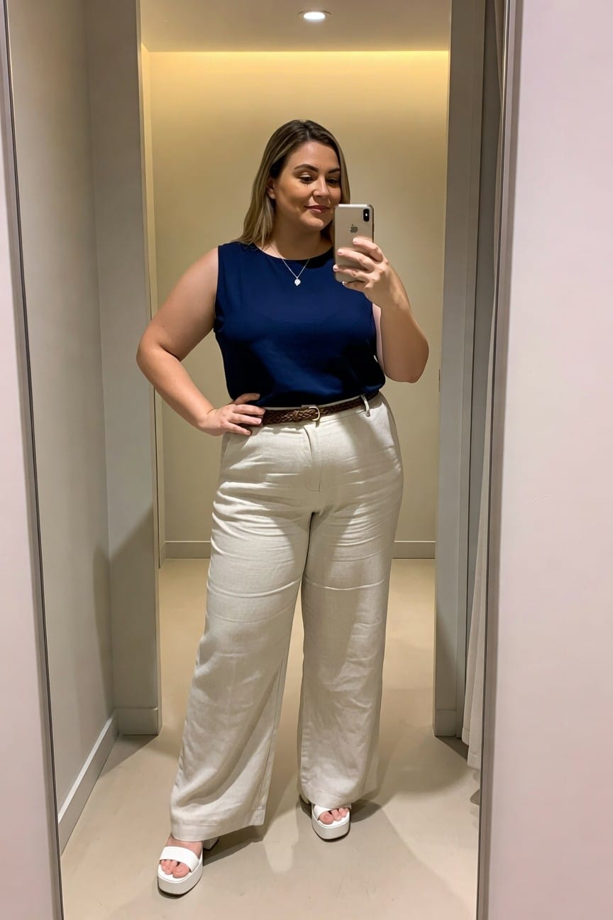 Woman in navy top and white pants taking a mirror selfie.