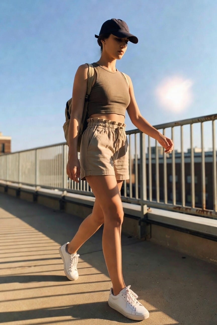 Woman in beige crop top and shorts walking on sunny bridge.