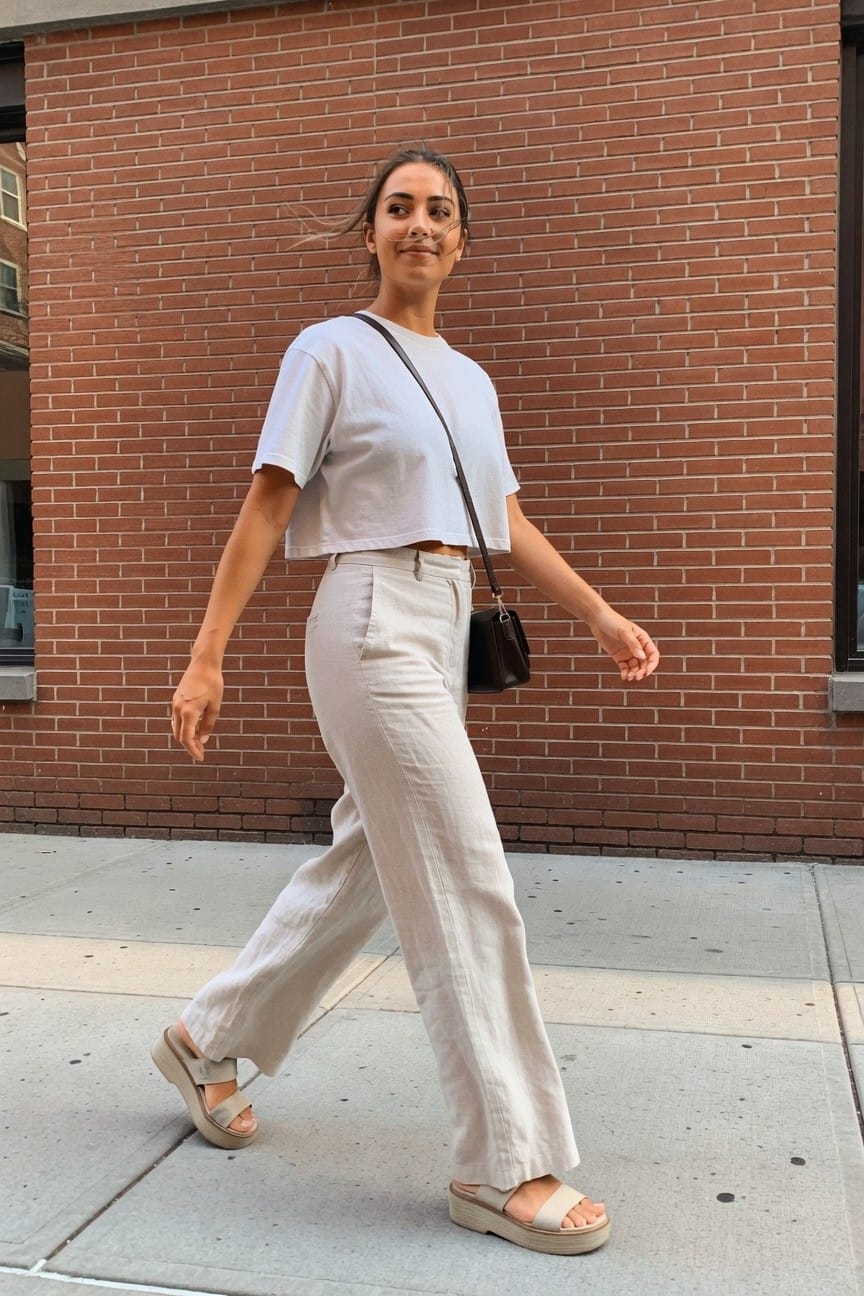 Woman in white crop top and beige pants walking on sidewalk by brick wall.